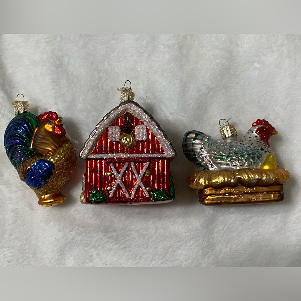 Old World Christmas Ornaments - Farmhouse Set (Rooster, Red Barn, and Chicken)